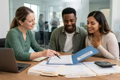 Mortgage lender reviewing first home mortgage paperwork.