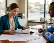 Borrower reviewing mortgage documents for loan approval