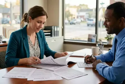 Borrower reviewing mortgage documents for loan approval