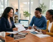 Mortgage lender discussing home financing options with buyers