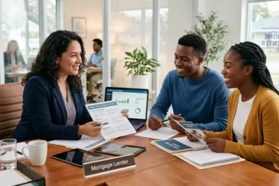 Mortgage lender discussing home financing options with buyers