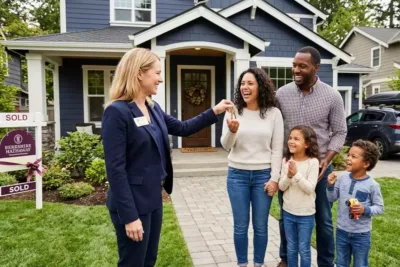 Homebuyers closing on a mortgage for their new home