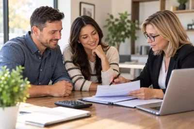 Prospective homebuyers reviewing mortgage documents and finances with a loan professional.